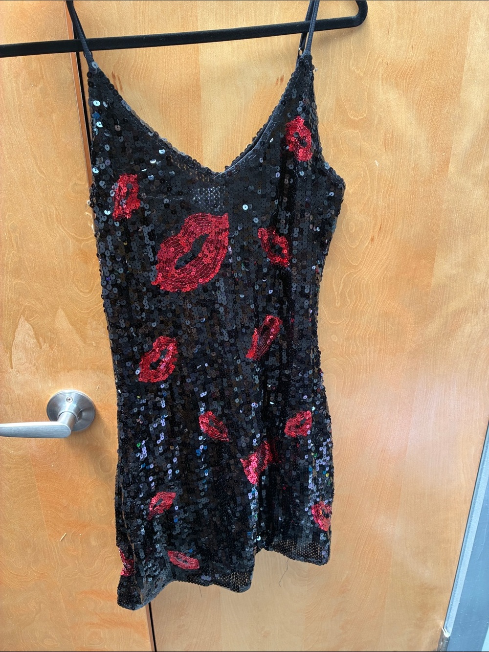 Farinelli Black Sequin Slip Dress with Red Lip Motif